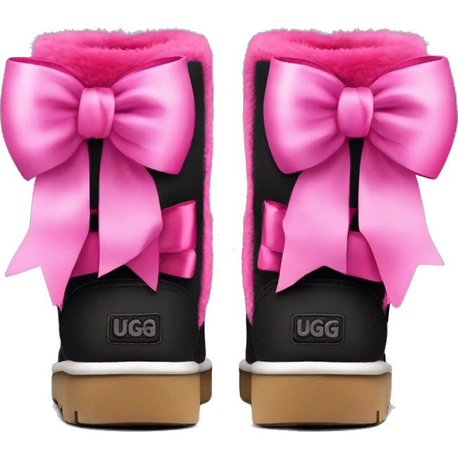 Pair of black and hot pink Ugg fur boots laced up with pink silk ribbon bows. emoji