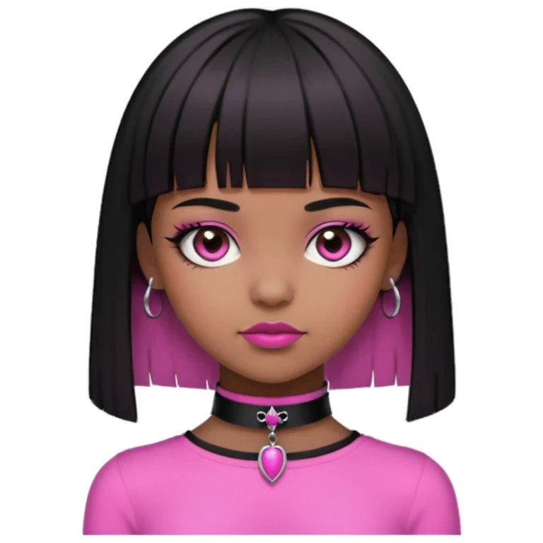 brown skin, straight hair with the ends curved upwards, bangs above the eyebrow, dark brown eyes, girl, half gothic and pink style   emoji