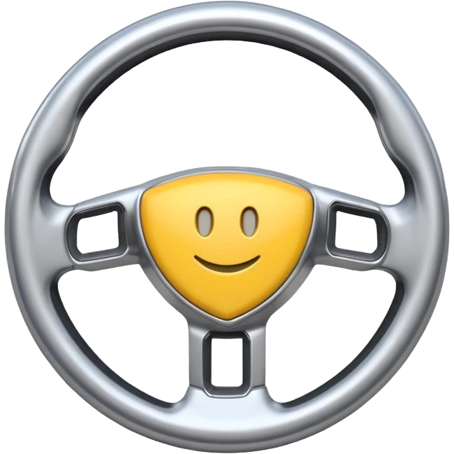 A futuristic steering wheel emoji made of silver chrome, minimal geometric design, smooth metallic surface, soft reflections, iOS emoji style, centered, clean white background emoji