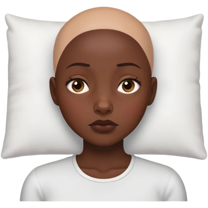 Girl showing tiredness, dark skin tone, bald emoji