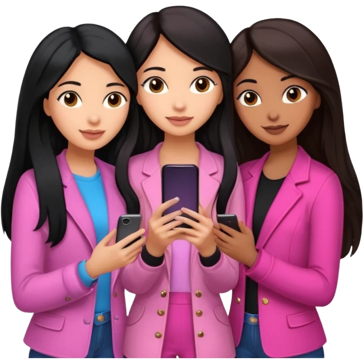 3 brown girl friends with a phone on their hand, one with black long hair light skin,  one with brown hair long and the other one with black with brown medium length hair . Wearing pink glammed up and hugging  emoji