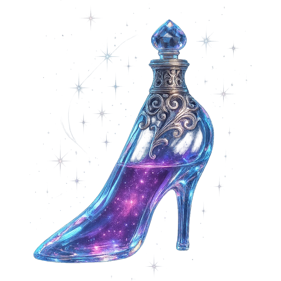 luxurious crystal elixir bottle in slipper shape, elegant color palette, ornate silver and iridescent details, magical glowing and sparkling effects, very small neck, seamless bottom, transparent background, bottle clearly floating in air, no base or shadow, modern, collection style emoji