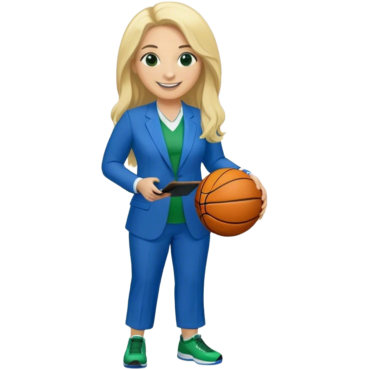 Full Body white plus size female with big nose basketball head coach using a clipboard with long blonde hair in a blue and green suit smiling with basketball and clipboard emoji