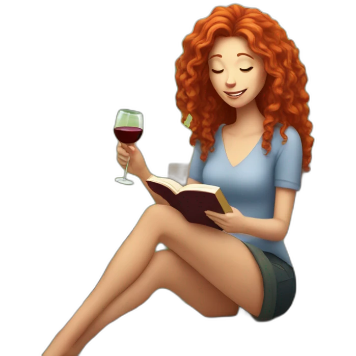 White woman with long curly red hair reading a book with a glass of wine in a park emoji