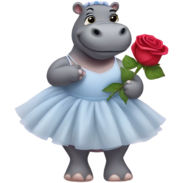 The hippopotama wears a ballet dress and holds a rose in his hand. emoji