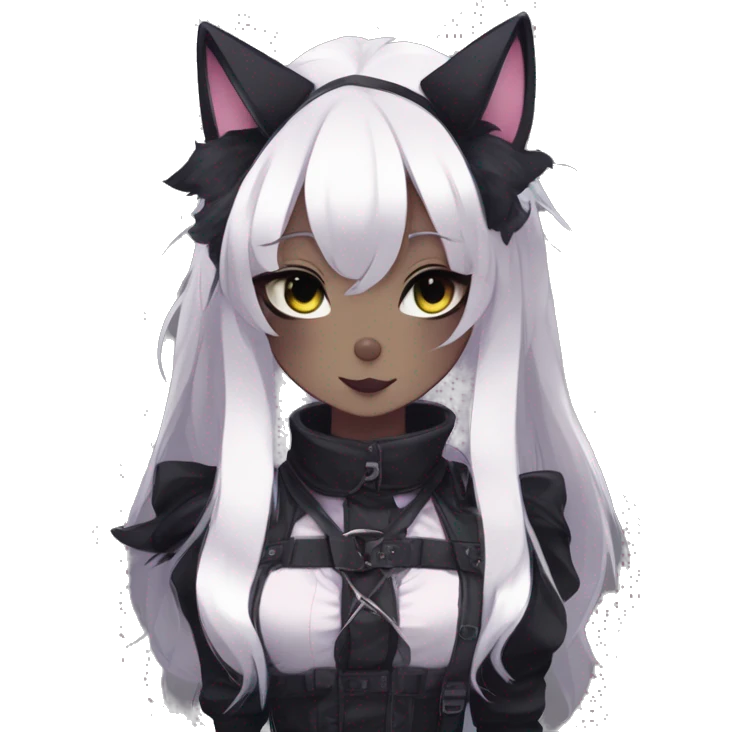 Gorgeous gothic dark techwear anime style anthro black cat furry with blushing face aesthetic and pretty edgy black with collar and harness trending style emoji