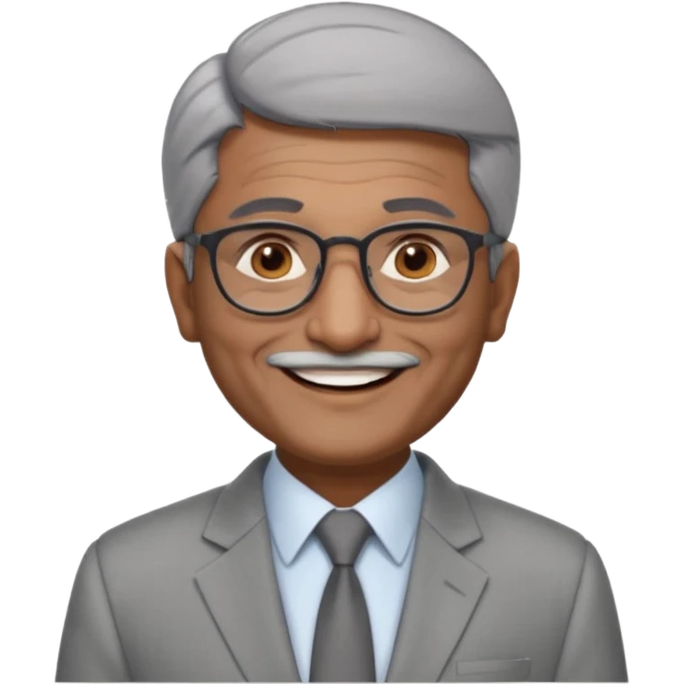 60 yr old indian man, short straight dark grey hair brushed foreward , light grey business suit, big smile, dark brown skin, no moustache, dark brown eyes, glasses
 emoji