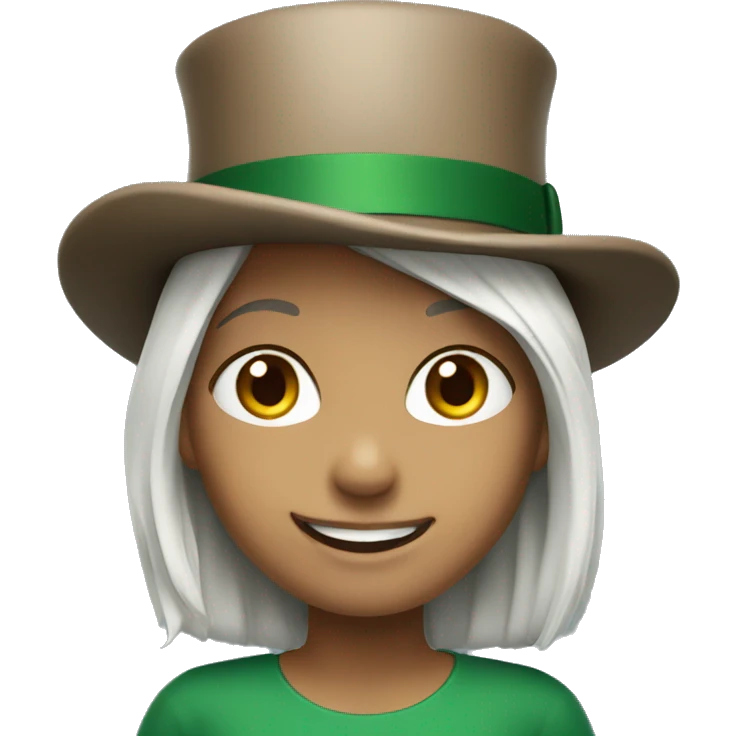 smiling girl- skin white- hair brown - in green top hat emoji