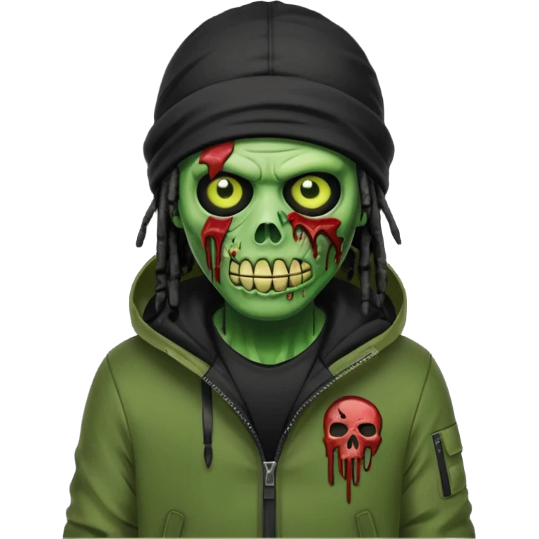 a zombie emoji with black dreads and a black nike jacket and black nike ski mask on his head emoji