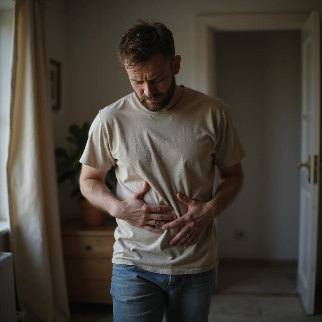 realistic hyper-detailed 4K image of a man holding abdomen while walking slowly at home, pained face, home clothes, realistic atmosphere emoji