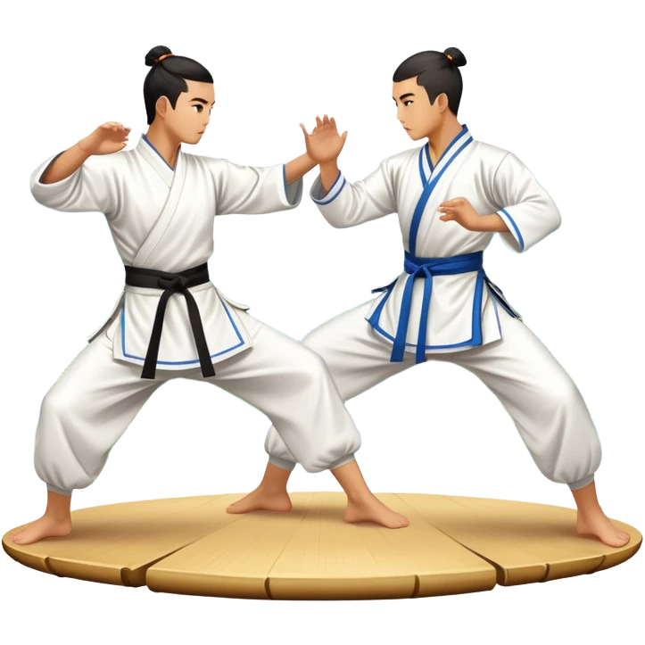 Two martial artists in traditional Wushu attire, performing elegant, fluid moves. The background shows a peaceful, scenic landscape with mountains and bamboo trees, symbolizing the balance of power and grace in Wushu.  emoji