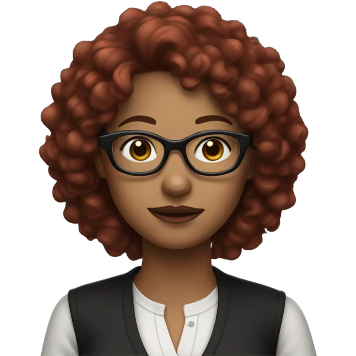 woman with glasses, blue eyes, curly burgundy hair, hair length to the soulders, dressed all black emoji