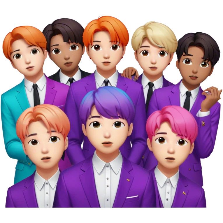 Cinematic Realistic group portrait of BTS featuring all 7 members in stylish modern attire, with detailed facial expressions and vibrant colors, captured in dynamic, contemporary lighting that emphasizes their global pop icon status emoji