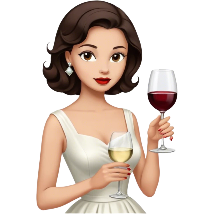 Beautiful woman in 1950’s woman fashion look, white dress, long hair, wine, dark brown hair emoji