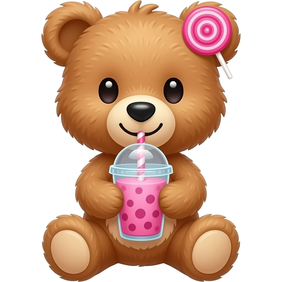 Un osito de pelucho tomando un batido con un lasito rosa en la oreja derecha emoji