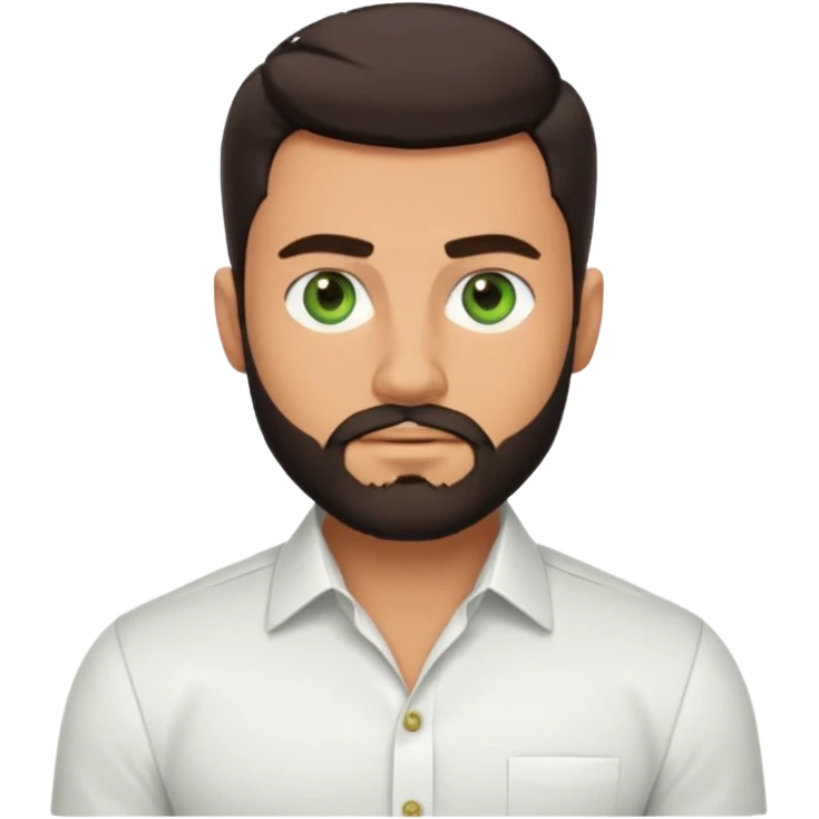 Man with a short full beard, Styled hair, Best looking man in the planet, onepiece style dark hair, green eyes, more realistic style more maskulin. Wearing a white formal shirt, first buttons open macho style, muscular

 emoji