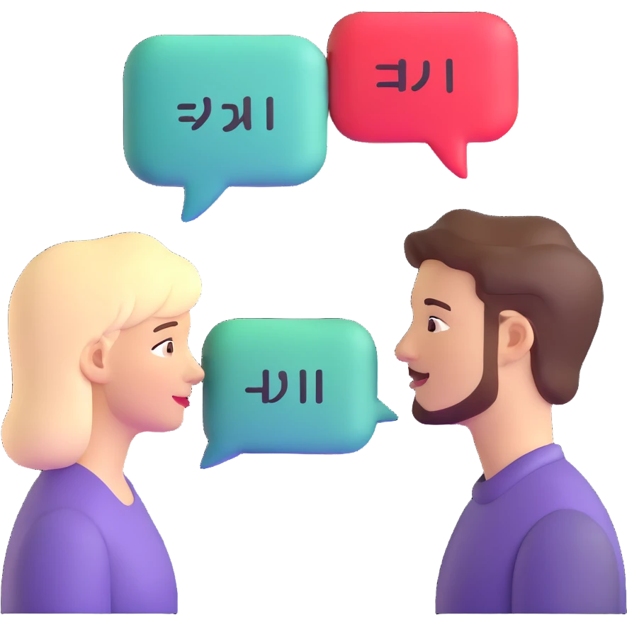 two people facing each other, speech bubbles with different scripts, e.g., Latin and Arabic emoji