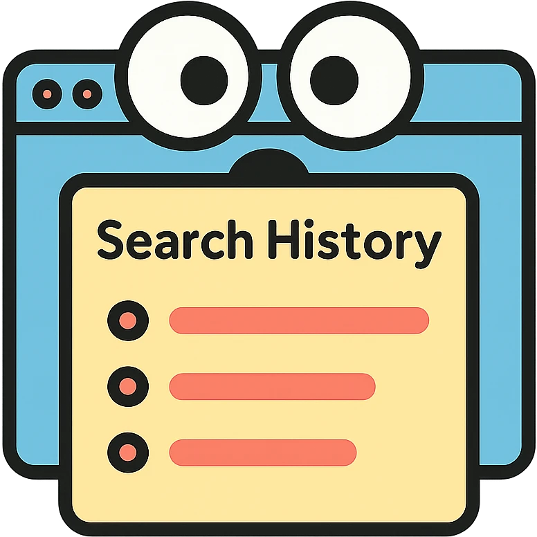 funny icon of a browser window with shocked eyes peeking over a search history list emoji