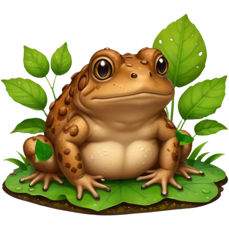 A brown toad sitting on wet ground near a pond, rough bumpy skin, natural light, green leaves around, realistic wildlife photo. emoji