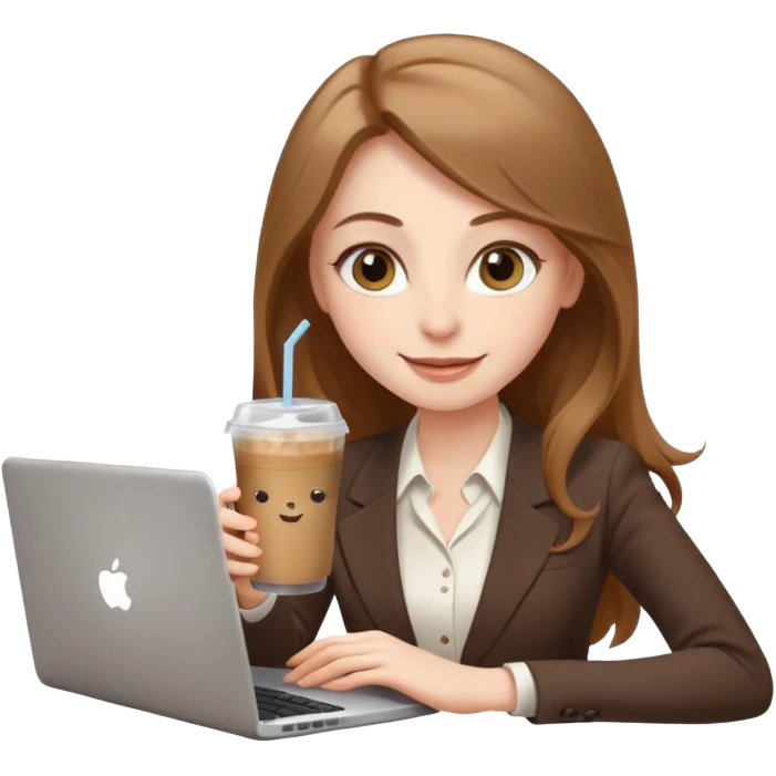 Women in front of laptop with a happy face, face a little fuller, long light brown hair, light brown big eyes, light pale skin with a iced coffee on the side, business attire emoji