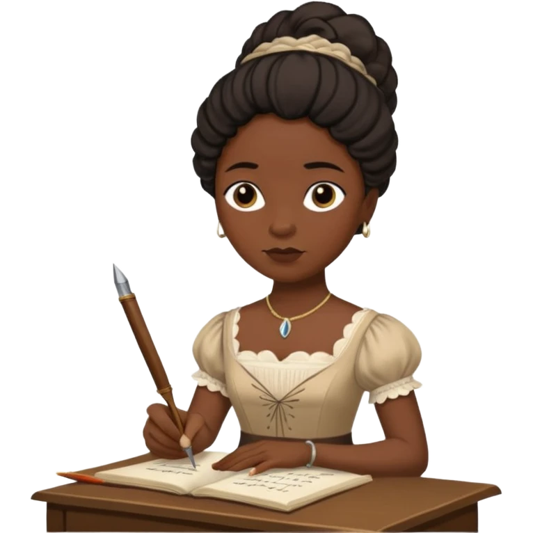 Jane austin writing with a quill in hand, make her black emoji