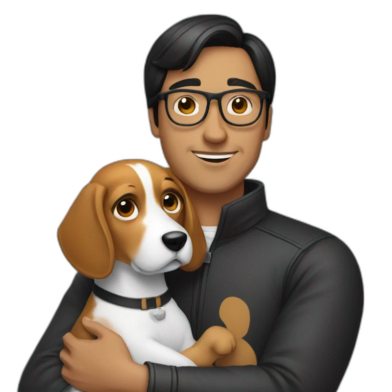 A man with black-hair and glasses hugging a beagle emoji