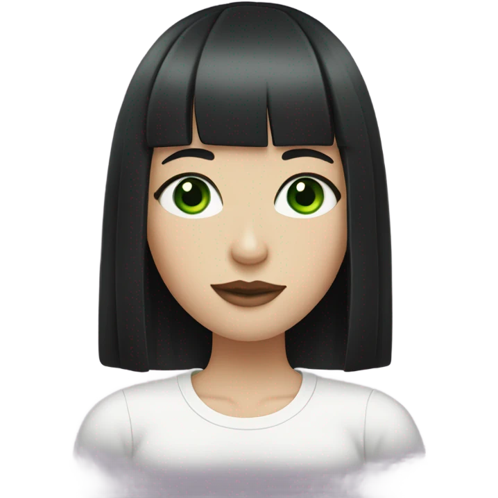 Pale girl with green eyes, black hair with bangs wearing a white graphic tee emoji