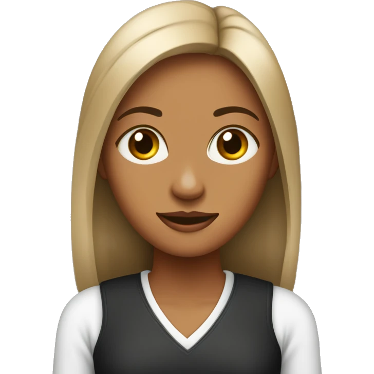 mujer parada jóven pelo largo lasio negro.ojos  marron, ropa casual. con una laptop emoji
