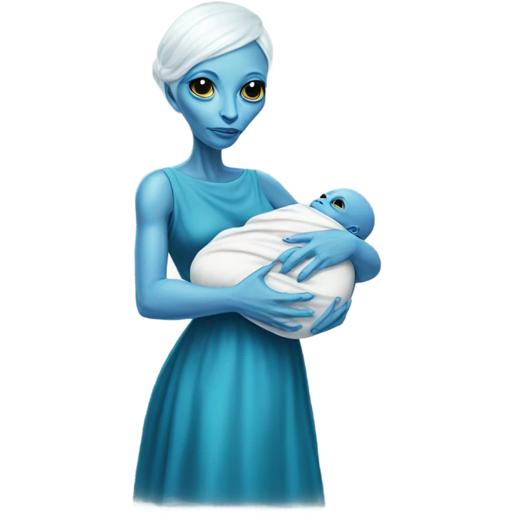  Reptilian alien woman , full body, in blu elegant dress , holds a newborn white humman baby emoji