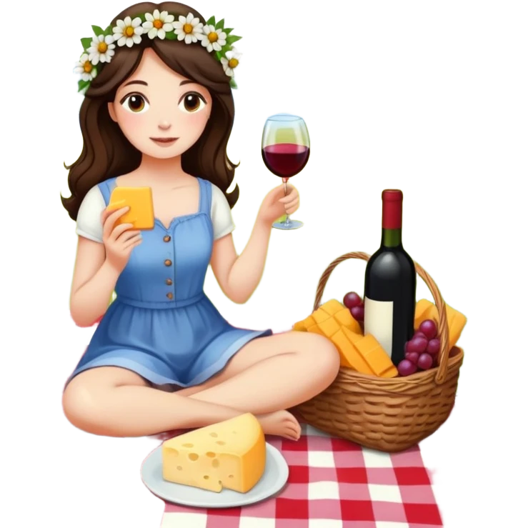 brunette girl with flowers in her hair, sitting on a picnic blanket with cheese and wine emoji