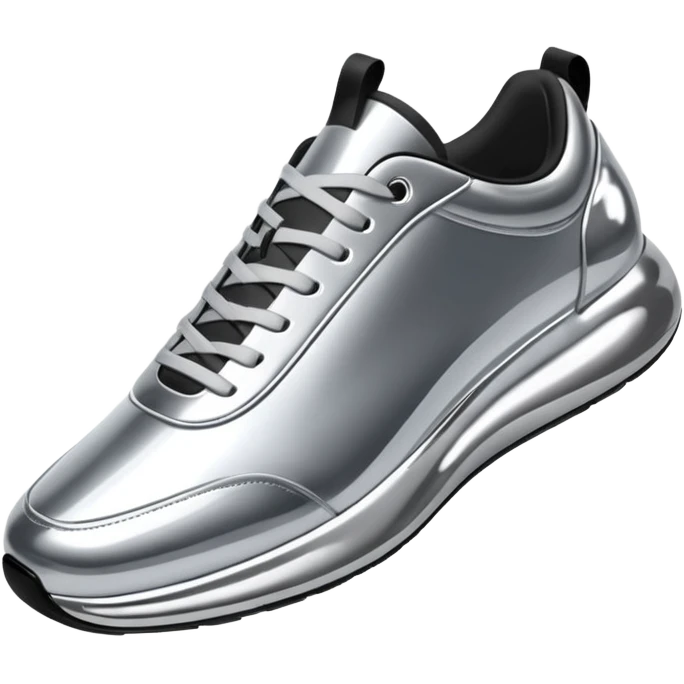 A pair of futuristic sneakers emoji made of silver chrome, sleek streetwear design, smooth metallic panels, subtle reflections, luxury swag aesthetic, iOS emoji style, centered, clean white background emoji