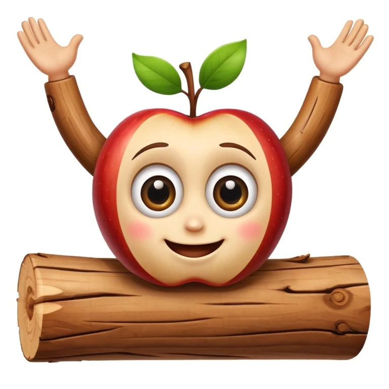 caricature of a smiling wooden log with big eyes, arms raised, apple emoji style, white background, cute and colorful emoji
