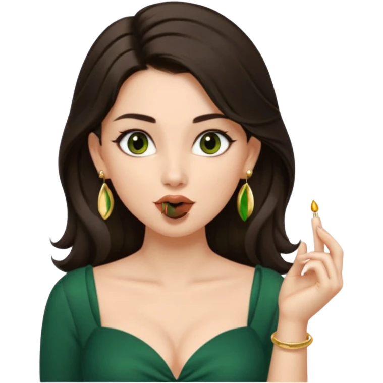 pretty bratz genmoji that looks like tamannah bhatia (bollywood actress), wearing a dark green sweetheart neckline top, dark brown hair, light makeup, no necklace, dangly earrings, SIDE hair part, fair. dark brown eyes, long hair

Show her licking her finger  emoji