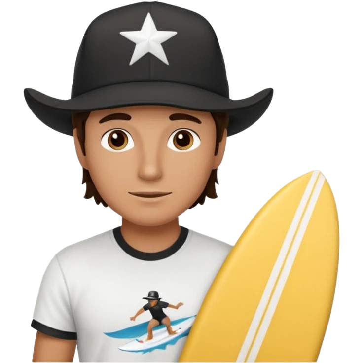 Male brunette movie producer black baseball hat that says surfing cowboys with white tshirt emoji