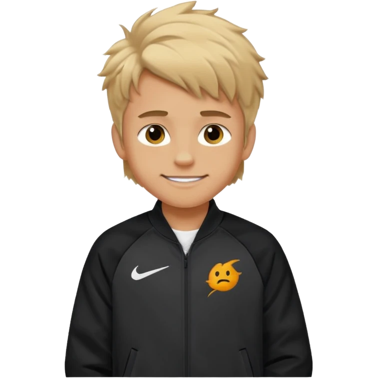 make a boy with fluffy dirty blond hair hazel eyes tan white smirky smile and nike tech emoji