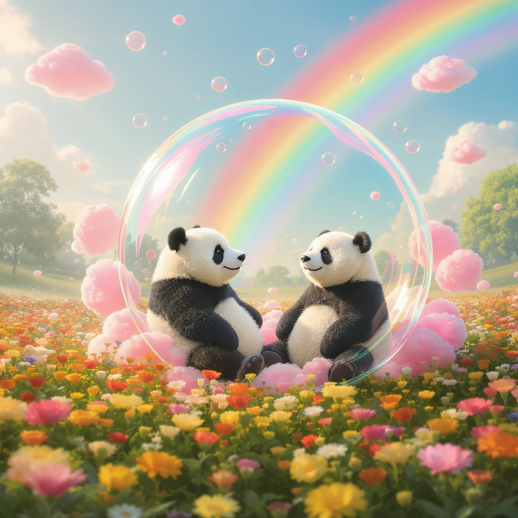 Cinematic still pandas bears sitting inside bubbles flying over field full of flowers, sunny summer day, happy vibe, colorfull surround, rainbow, small cute pink clouds around, minimalisic emoji