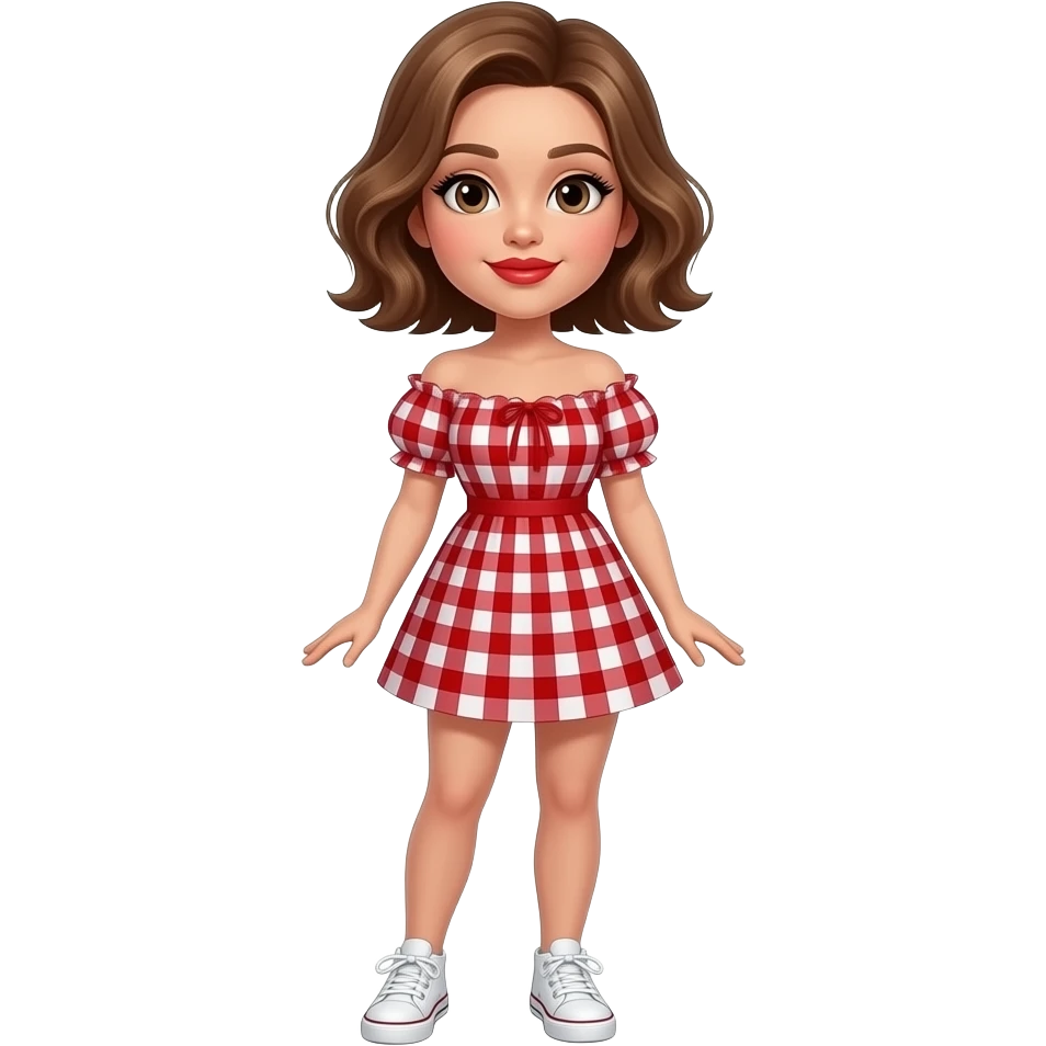 glamours,-tanned,-very-beautiful-girl,-with-big-plump-red-lips,-long-long-lashes,-honey-silky-very short- hair,-wavy-hair,-hazel-eyes- wearing- red-gingham-frill - dress- white-sneakers-shrugging-shoulders-full-body emoji