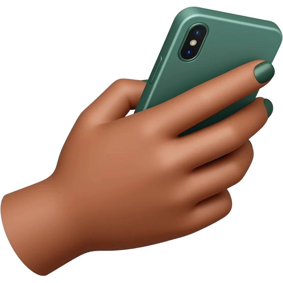 A light brown skinned female hand with thin fingers and dark green nails holds a dark green smartphone emoji