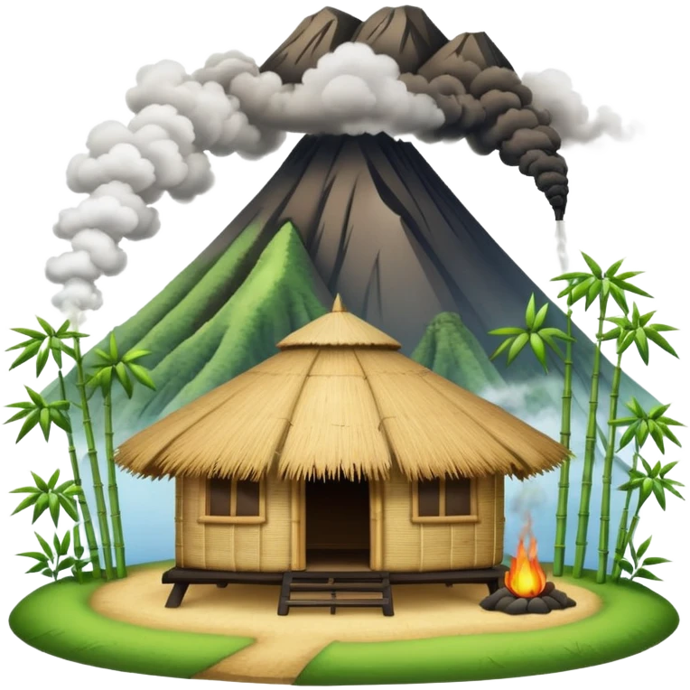 bamboo hut with volcano in the back in Volcano Island  emoji