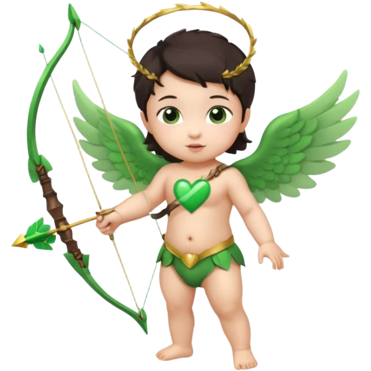 cupid asian baby flying full body with wings with brown eyes and dark hair handled bow and arrow directed to green heart and looking to heart emoji