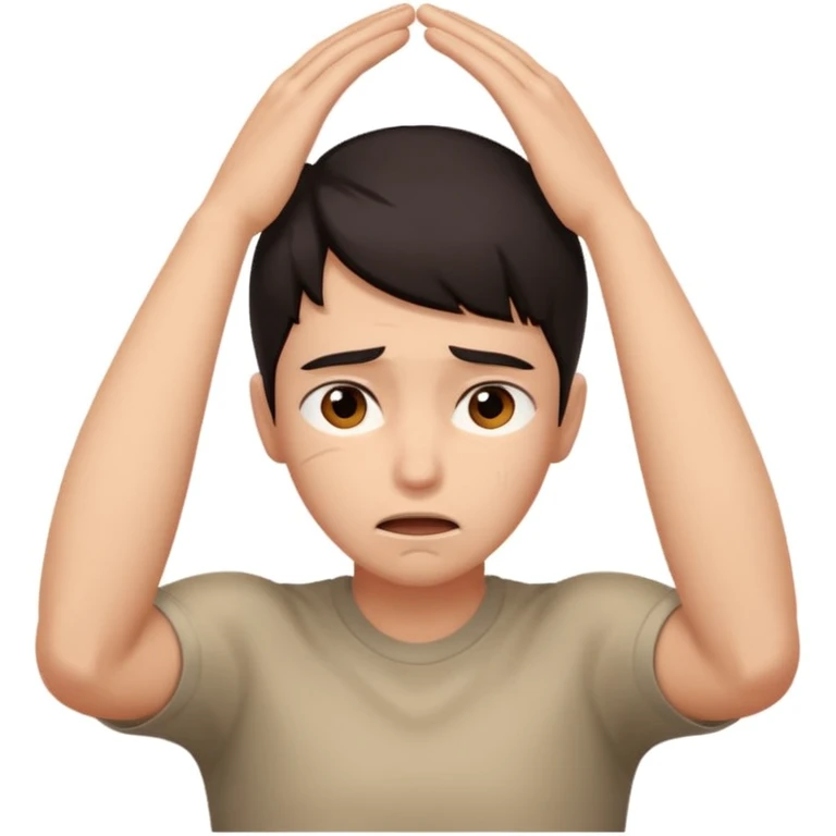 verzweifelte Person, ausdrucksstarkes Gesicht, Hände am Kopf, Emotion: Verzweiflung, neutraler Hintergrund emoji