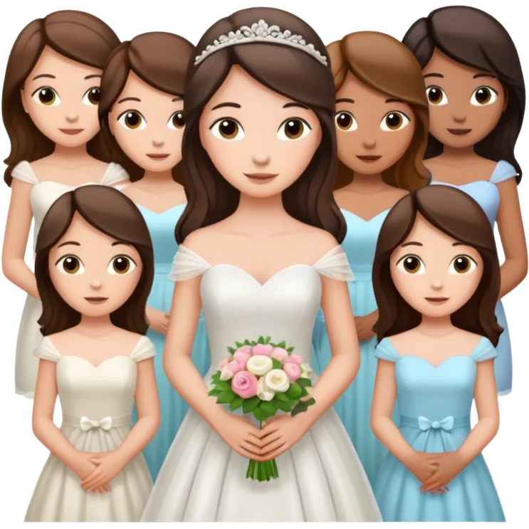 Brunette bride with 5 bridesmaids with different hair colors and skin tones emoji