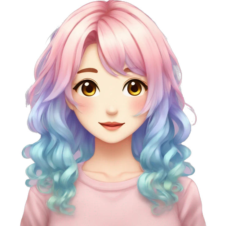 Gorgeous anime style shojo character with blushing face aesthetic and pretty colorful shiny gradient pastel hair with hair garment trending style emoji