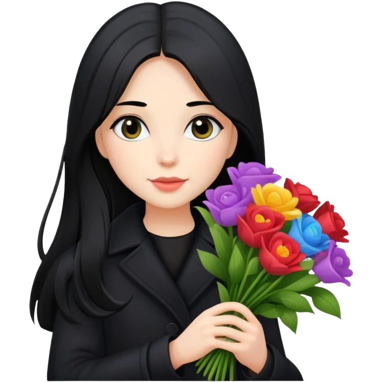 beautiful girl with long black hair wearing a black coat holding a bouquet of flowers emoji