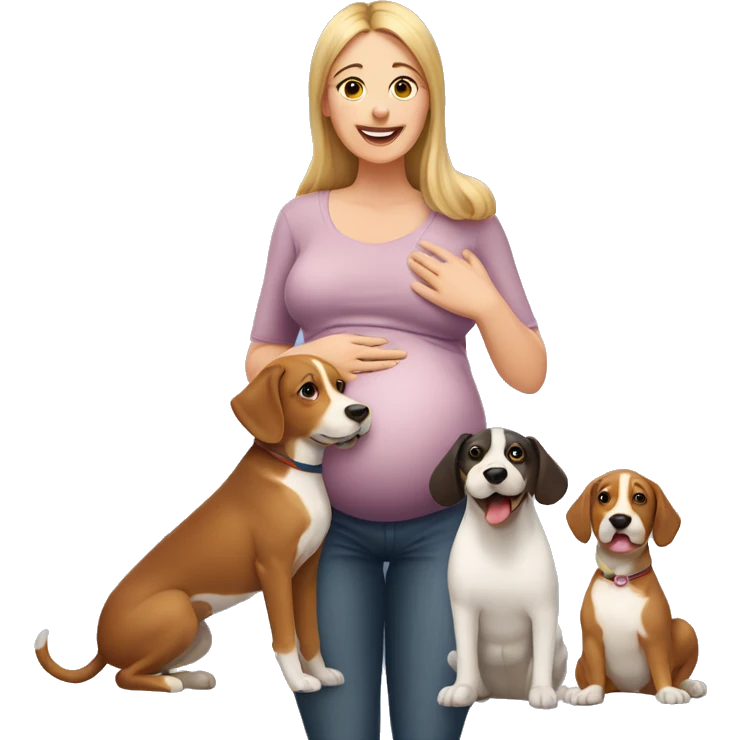 Pregnant woman surrounded by 3 playful dogs emoji