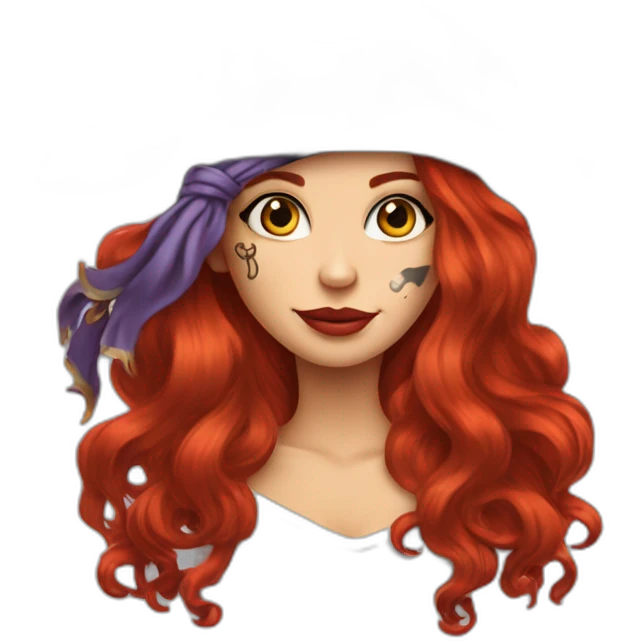 Woman long red hair. Hair hanging to one side only and hairstlye is a single platt, tattoo on side of head.  pirate hat. skull and crossbones t shirt emoji
