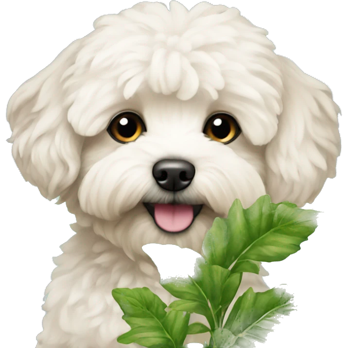Maltipoo head with green plants behind emoji