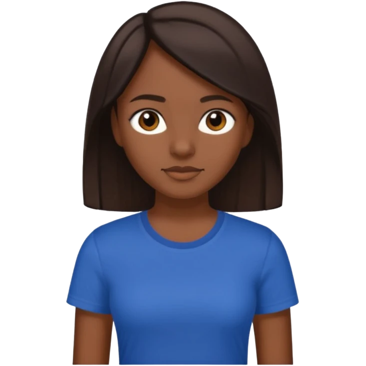  Una donna con una maglietta a mezze maniche blu scuro, i capelli lisci,lunghi,castani scuro e gli  occhi marroni emoji