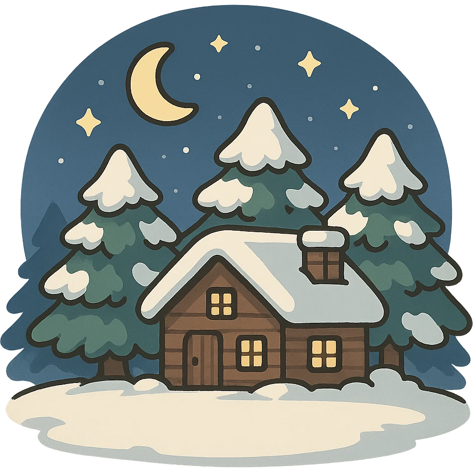 一张冬天雪里的场景，背景有堆满雪的松树和房屋，前面是一块空地，天空是夜晚的星空，有星星和月亮 emoji