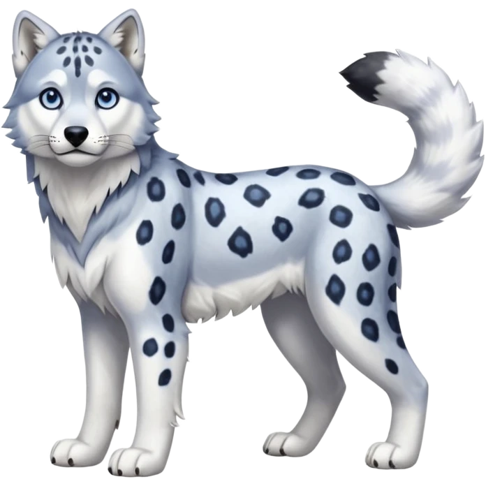 Realistic lanky natural feral beautiful pretty "Schnolf"-"TaniDaReal"-Husky-Snow-leopard-wolf-Jaguar-hybrid-fusion-animal-creature, full body, with whiskers, thick long fluffy puffy limp feline tail emoji